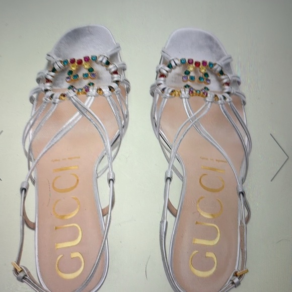 Gucci Silver Leather Sandal with Multi Colored Jeweled GG - Picture 8 of 8